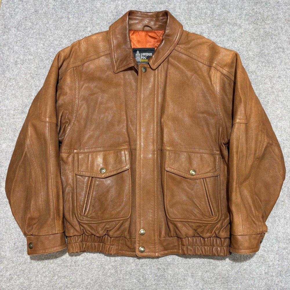 London Fog Mens Tan Brown Leather Bomber Jacket Quilted Lining Large Long